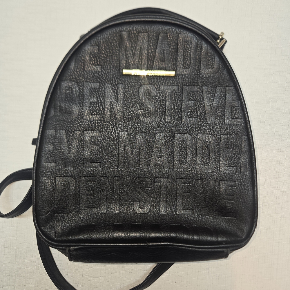 Steve Madden Black Embossed Logo Mini Backpack with Gold Accent